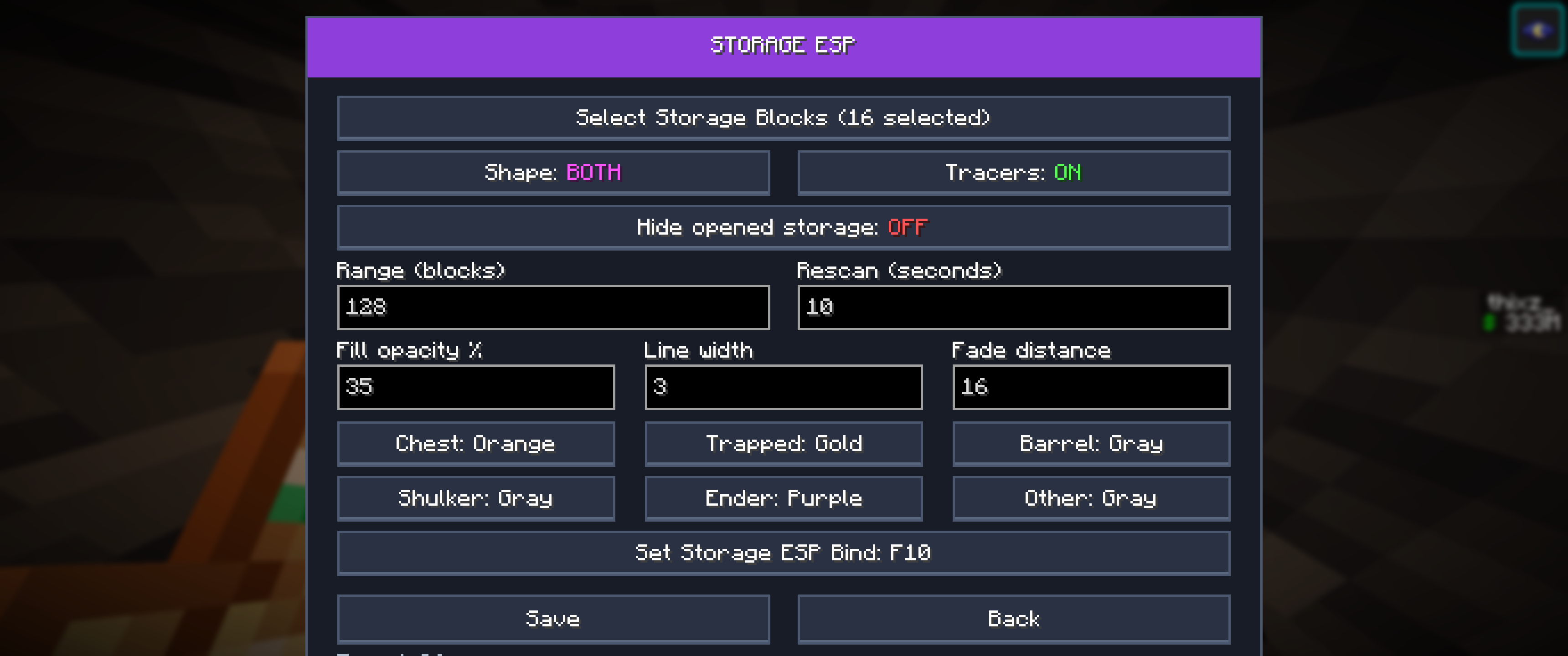 Amethyst Menu F9 interface with module categories and settings